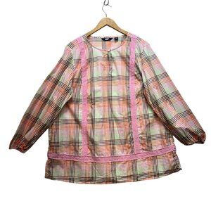 Lands End Womens Blouse Top Size1X Muticolor Plaid Keyhole Neck Casual Retro